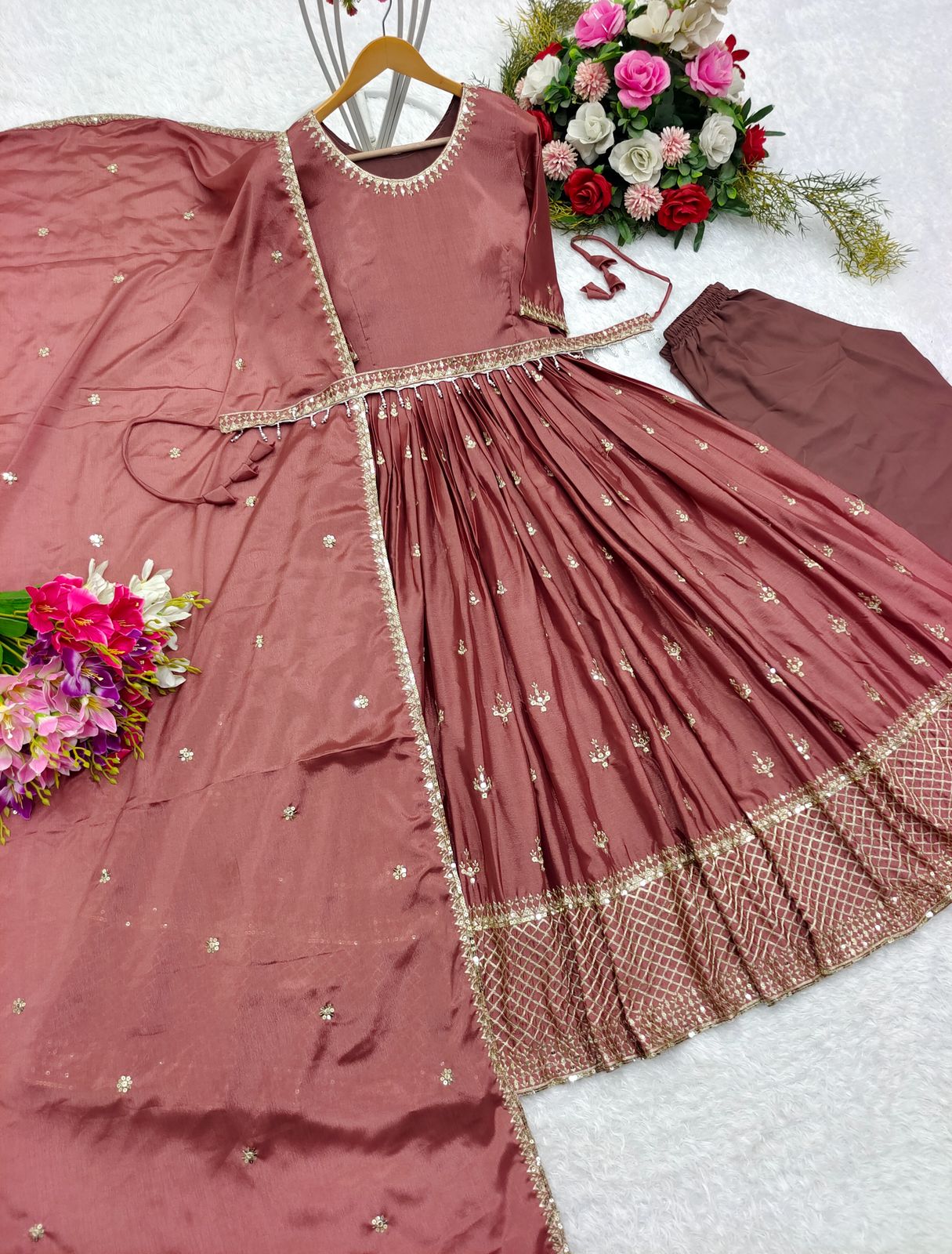 Daisy Chinon Silk Sequence Work Brown Color Gown