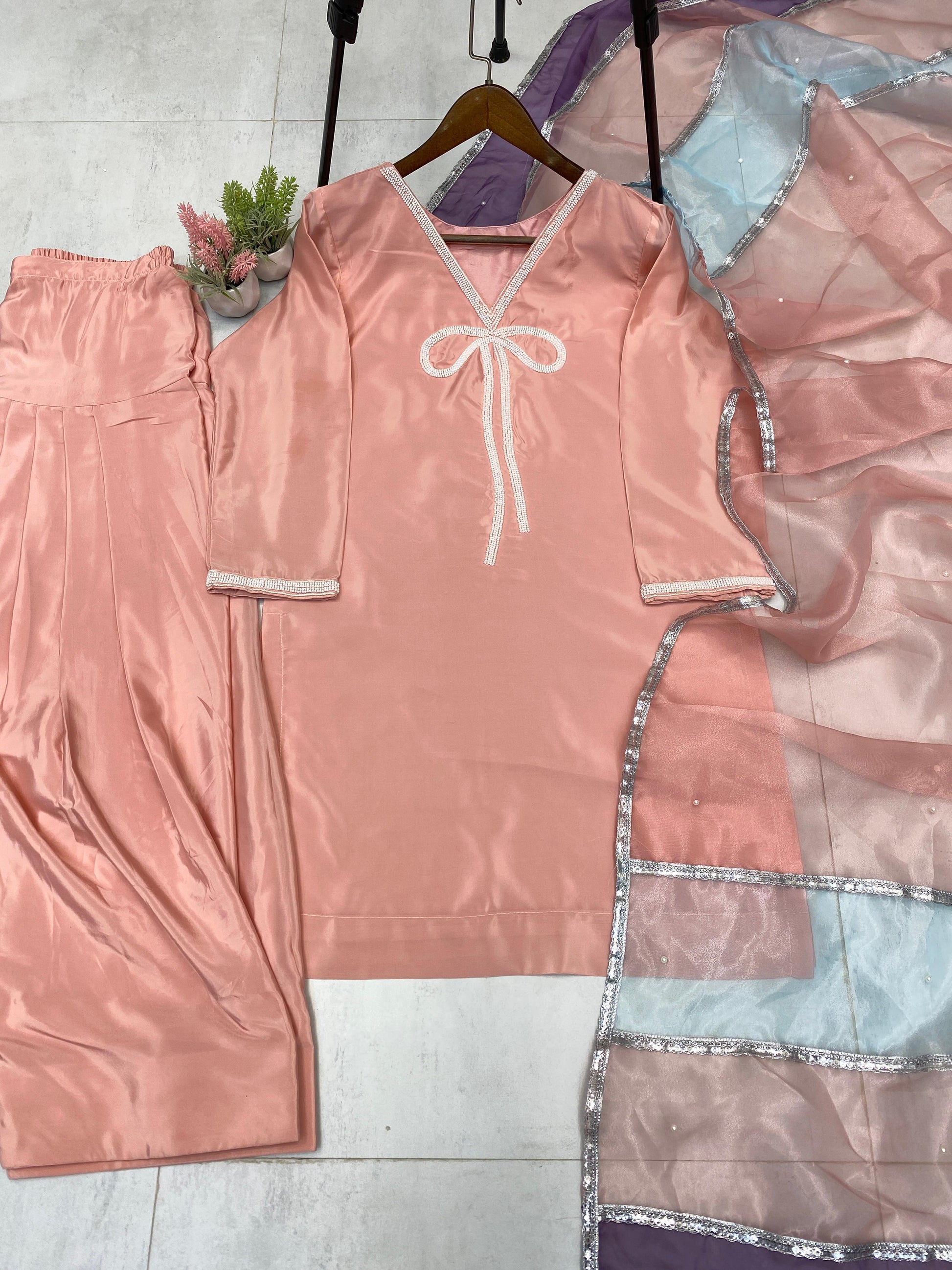 Marvelous Beads Work Peach Color Salwar Suit