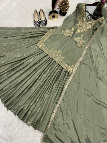 Good Looking Embroidery Work Mehndi Color Top With Lehenga Choli
