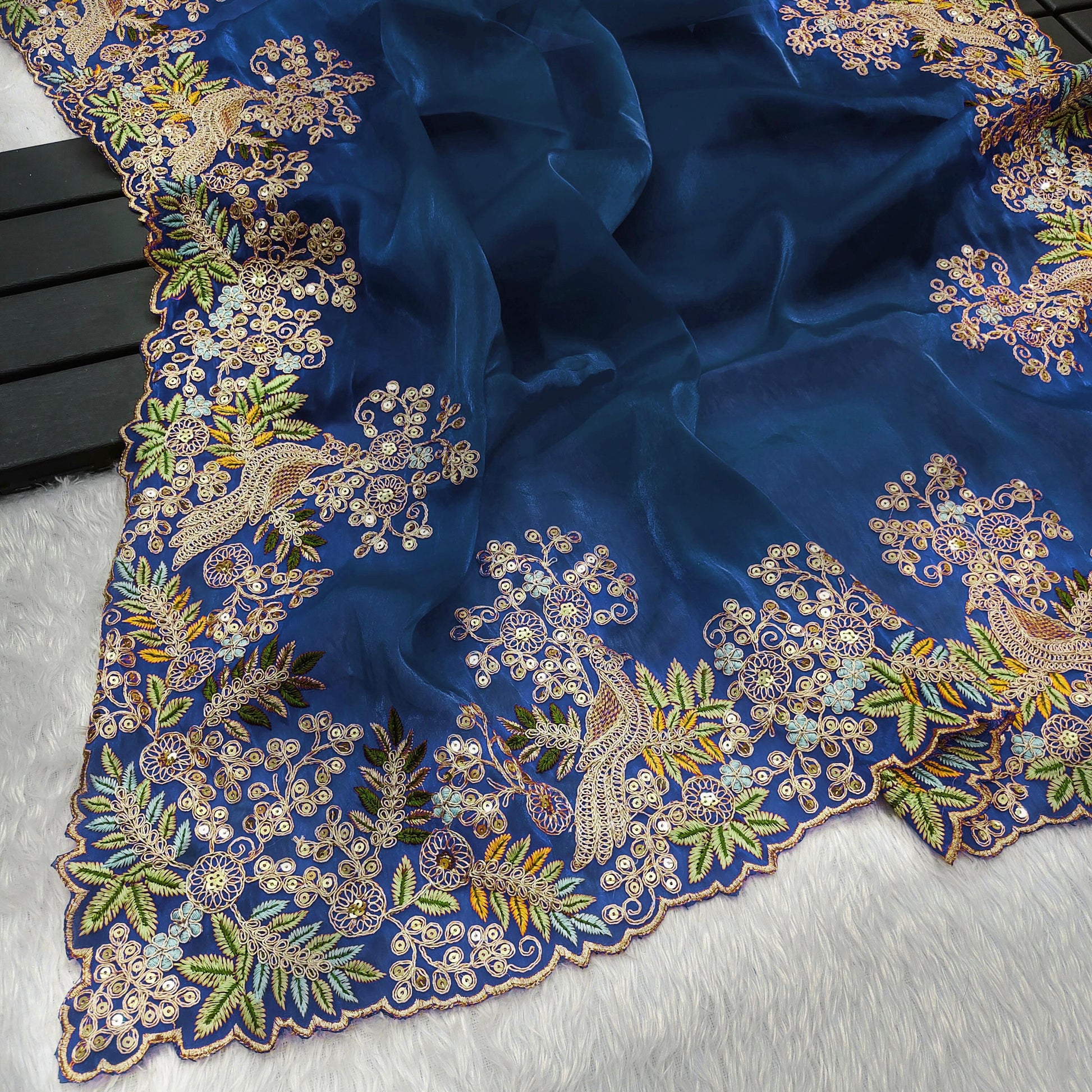 Traditional Wear Embroidery Work Teal Blue Color Saree