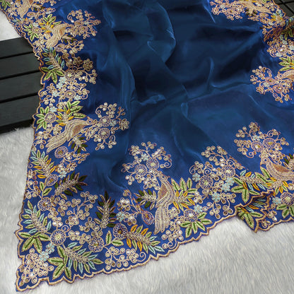 Traditional Wear Embroidery Work Teal Blue Color Saree