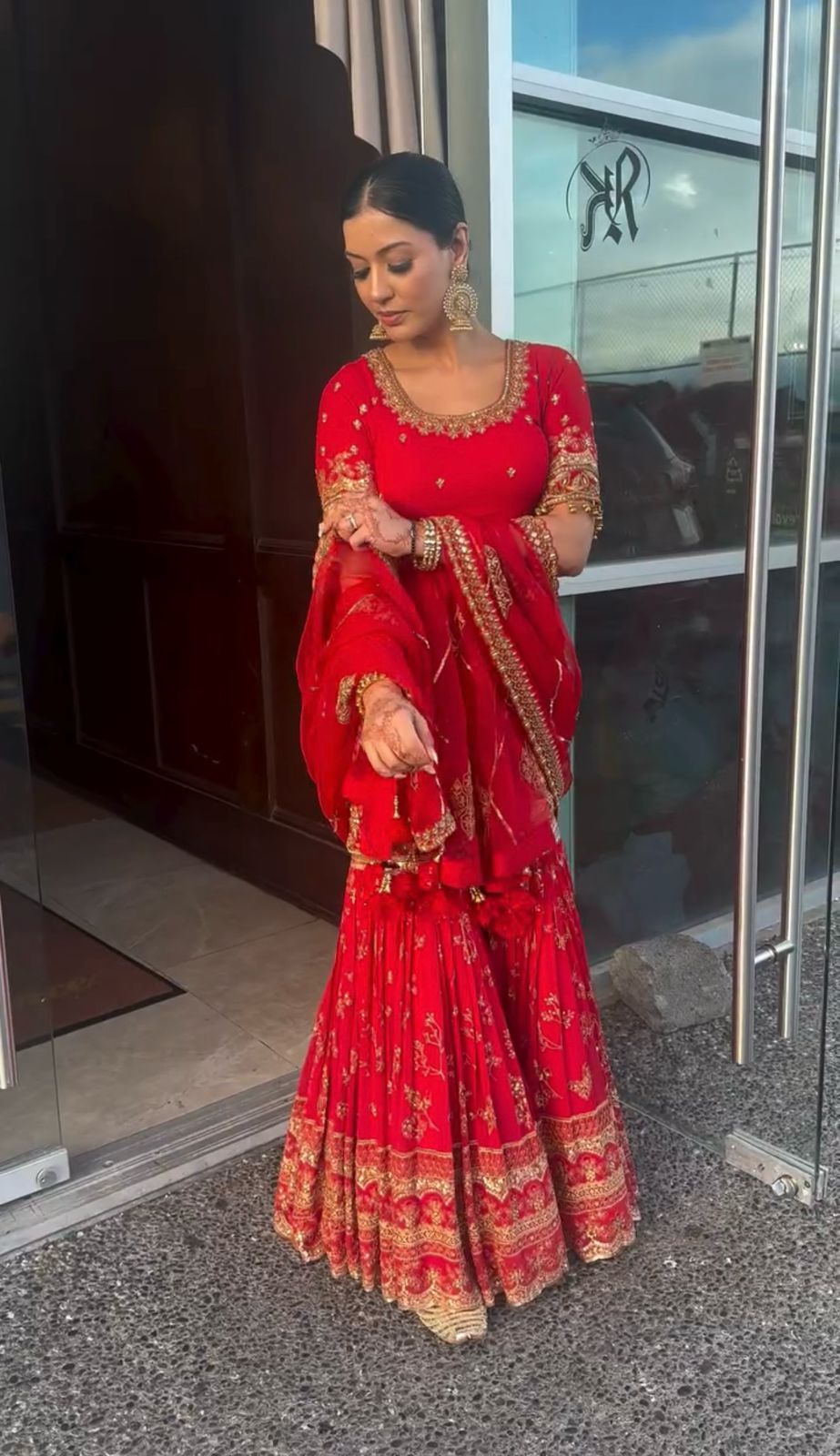 Presenting Georgette Red Color Embroidery Work Sharara Suit