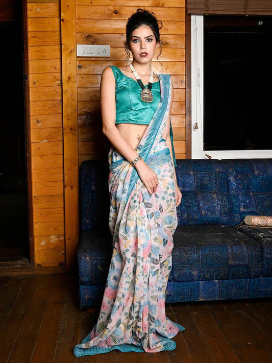 Ravishing Sequence Embroidery Work Multi Color Floral Print Designer Saree