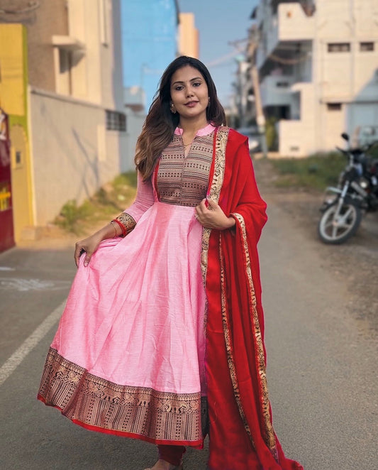 Glimmering Pink Color Vichitra Silk Gown