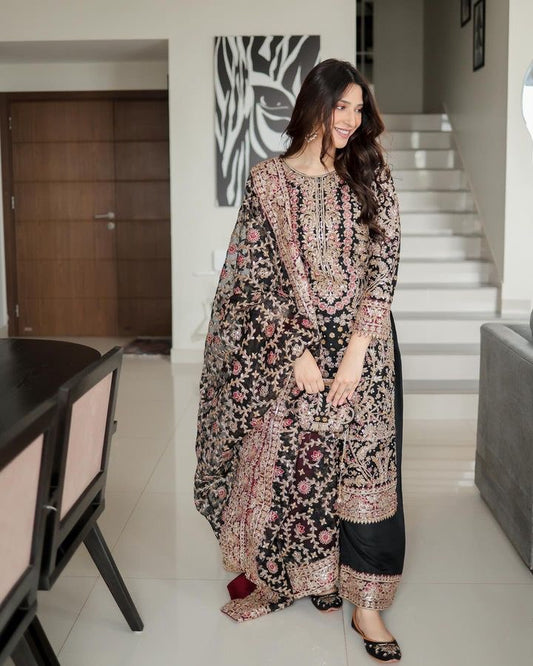 Demanding Navy Blue Color Sequence Work Palazzo Suit