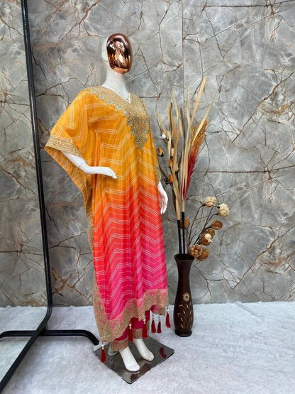 Preferable Chinon Embroidered Work Yellow Multi Color Kaftani Dress