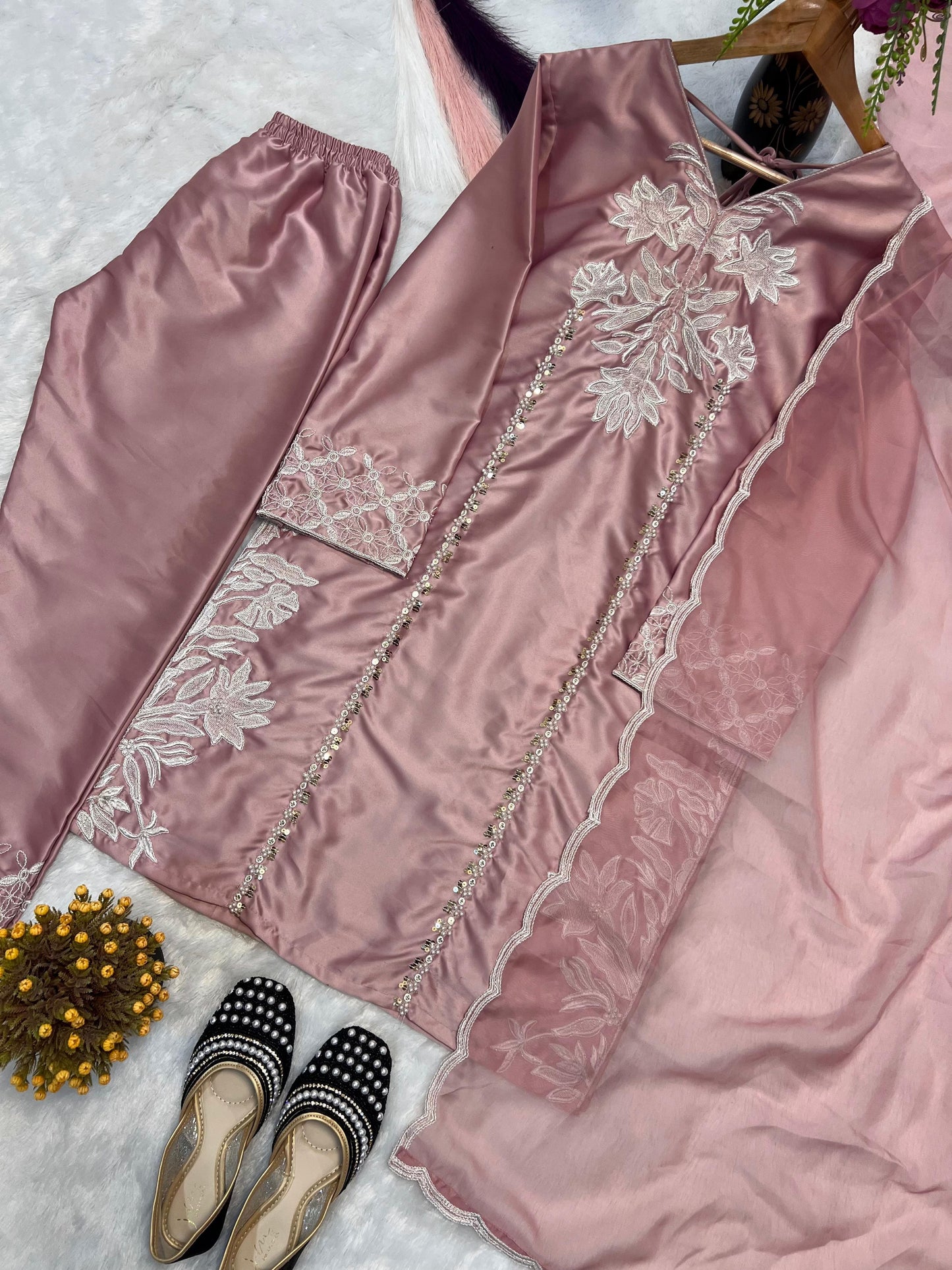 Trendy Pink Color Sequence Work Palazzo Suit