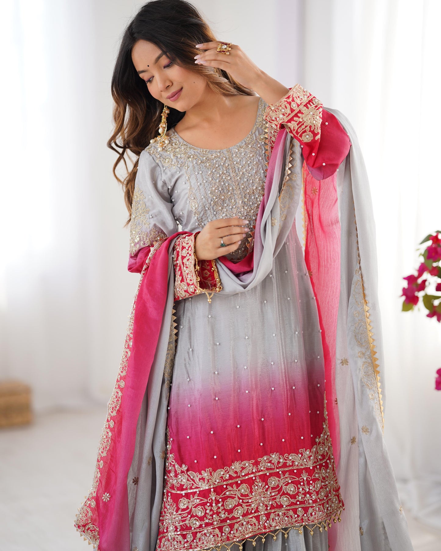 Good Looking Chinon Silk Rivet Moti Grey Color Sharara Suit