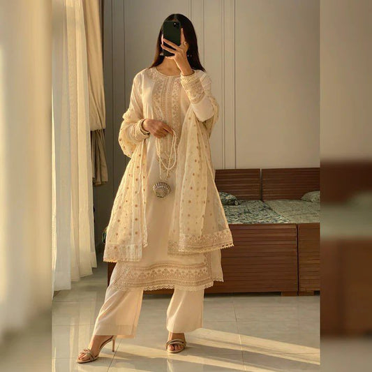 Alluring ROMAN SILK Cream Color Salwar Suit