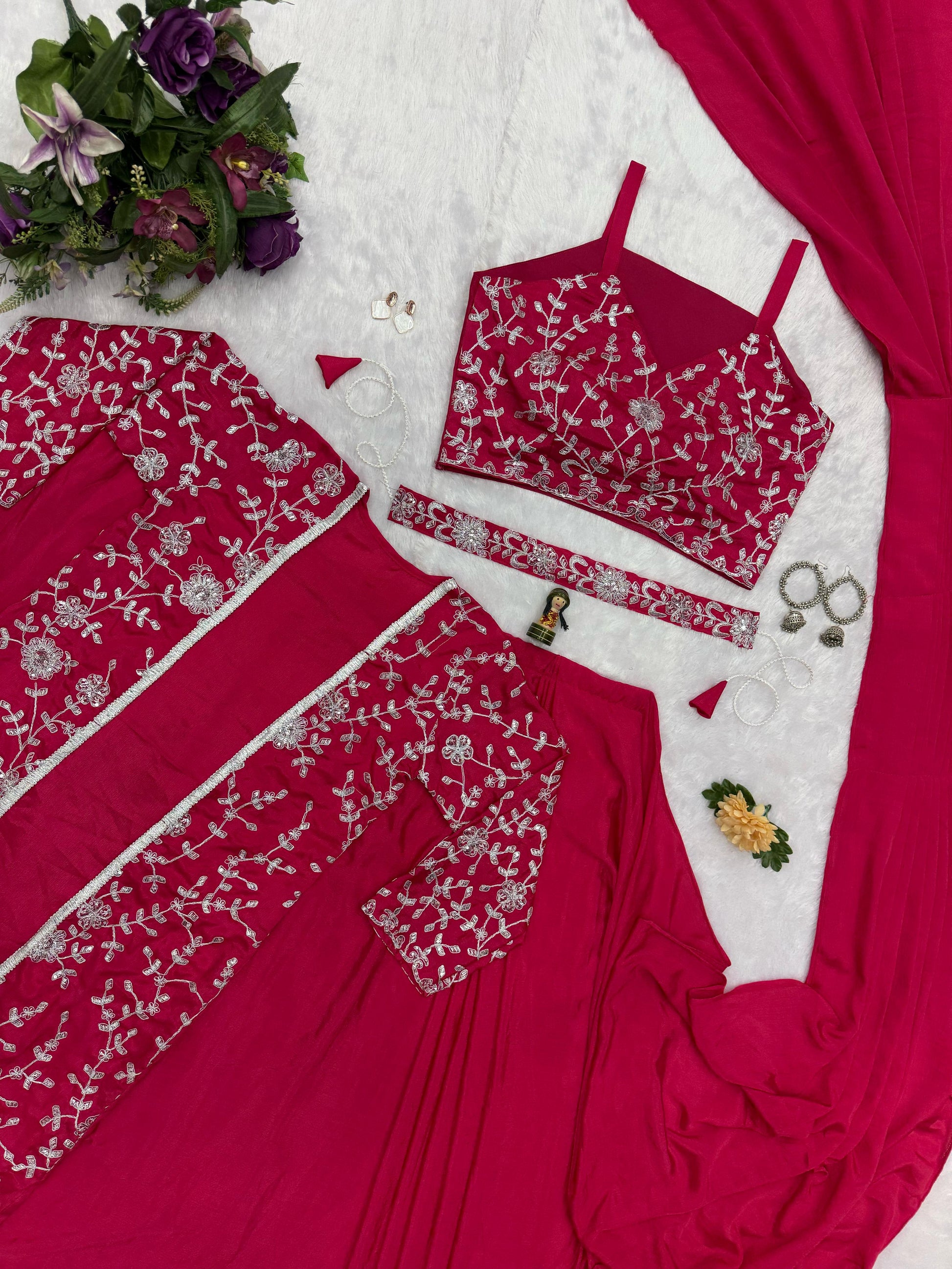 Unique Chinon Silk Pink Color Saree With Koti