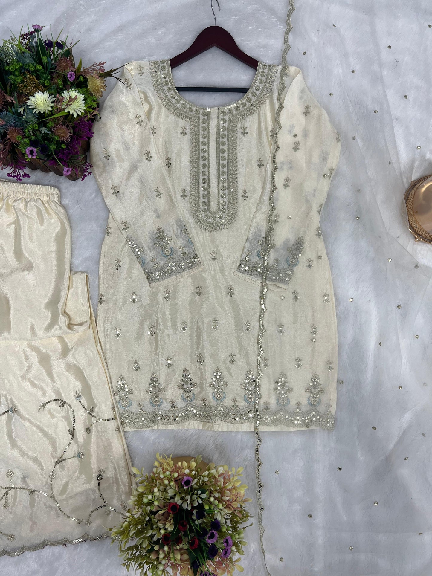 Opulent Sequence Work Cream Color Sharara Suit