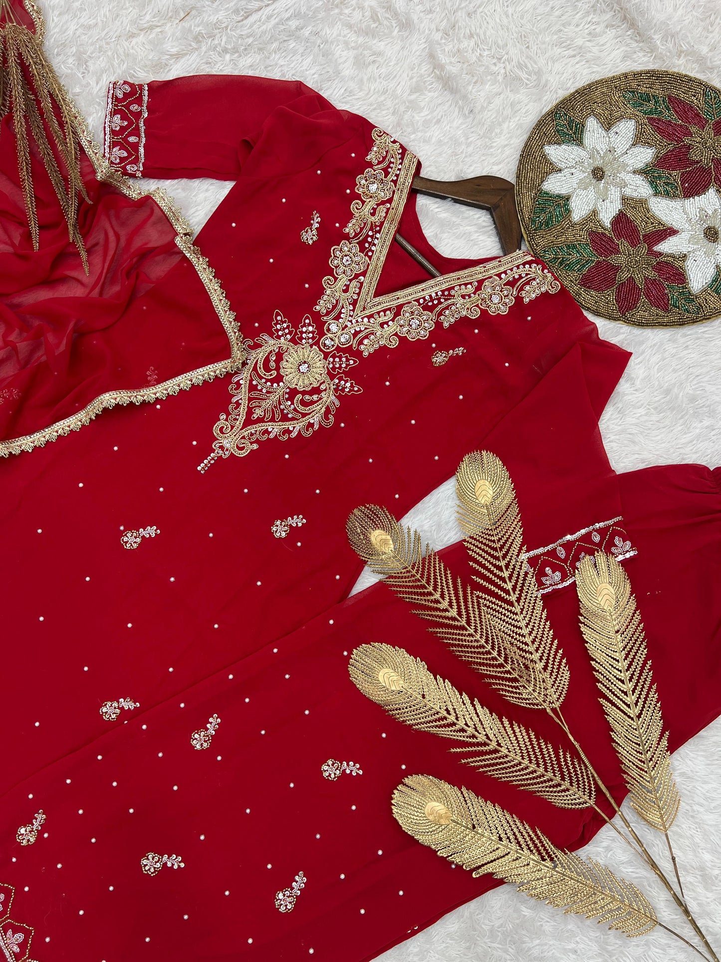 Ravishing Red Georgette Embroidery Palazzo Suit