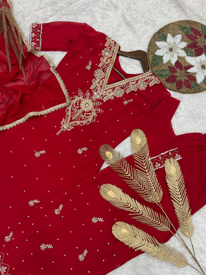 Ravishing Red Georgette Embroidery Palazzo Suit