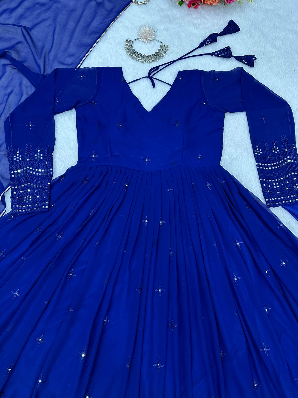 Fantastic Georgette Navy Blue Color Gown