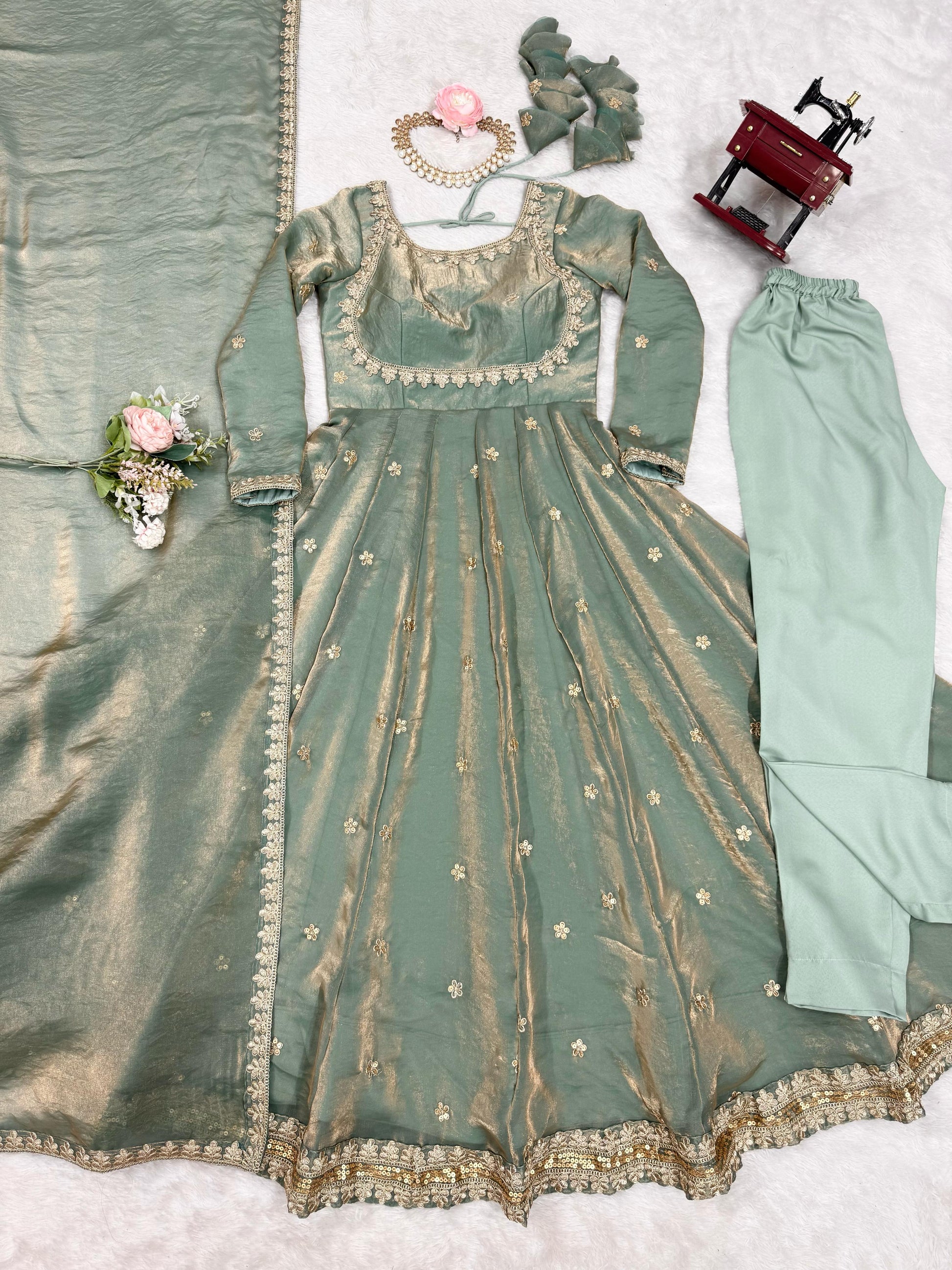 Fancy Sequence Work Green Color Silk Gown