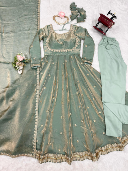 Fancy Sequence Work Green Color Silk Gown