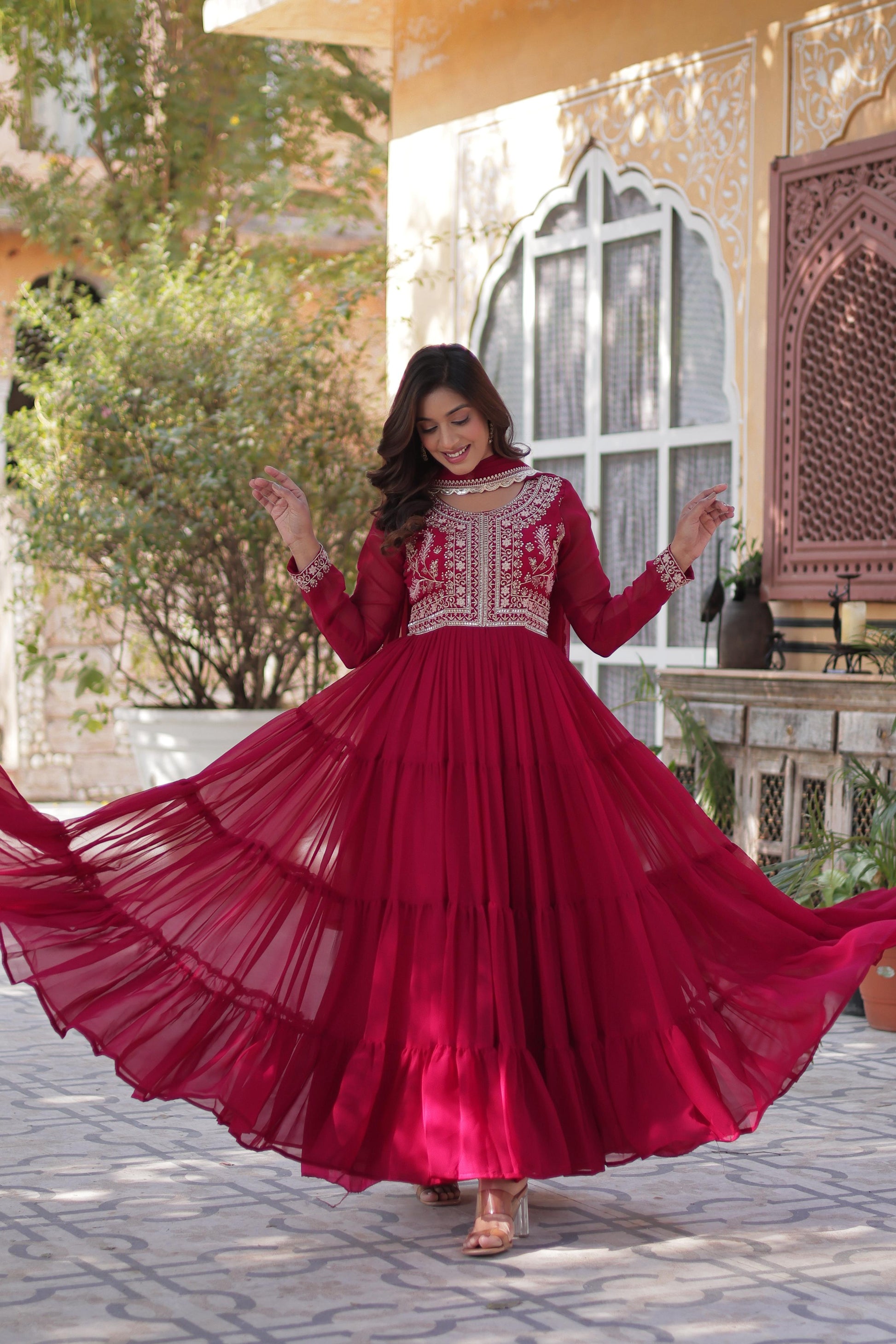 Awesome Embroidery Pearl Work Maroon Color Gown