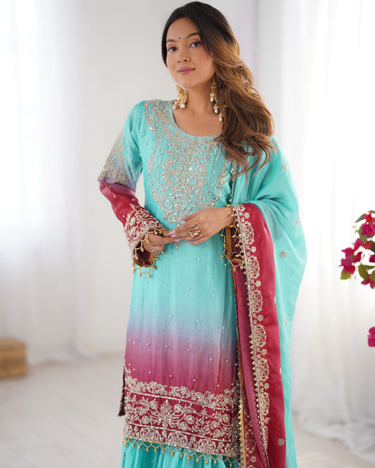 Good Looking Chinon Silk Rivet Moti Sky Blue Color Sharara Suit