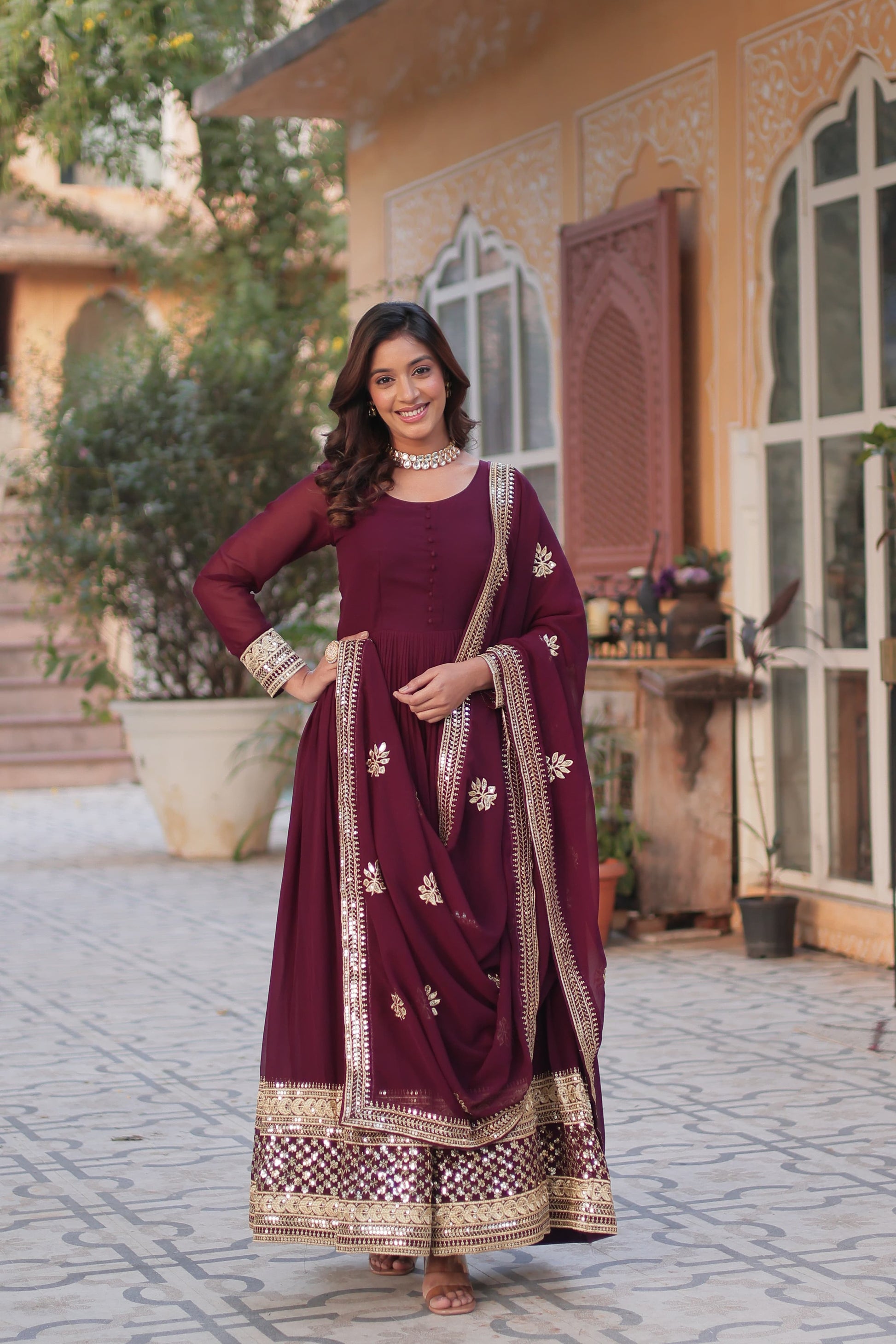 Good Looking Sequins Work Maroon Color Gown