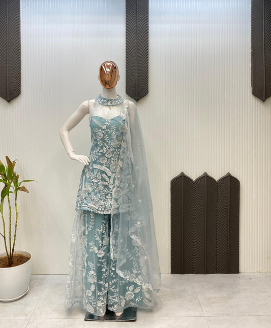 Shining Embroidery Work Sky Blue Color Palazzo Suit