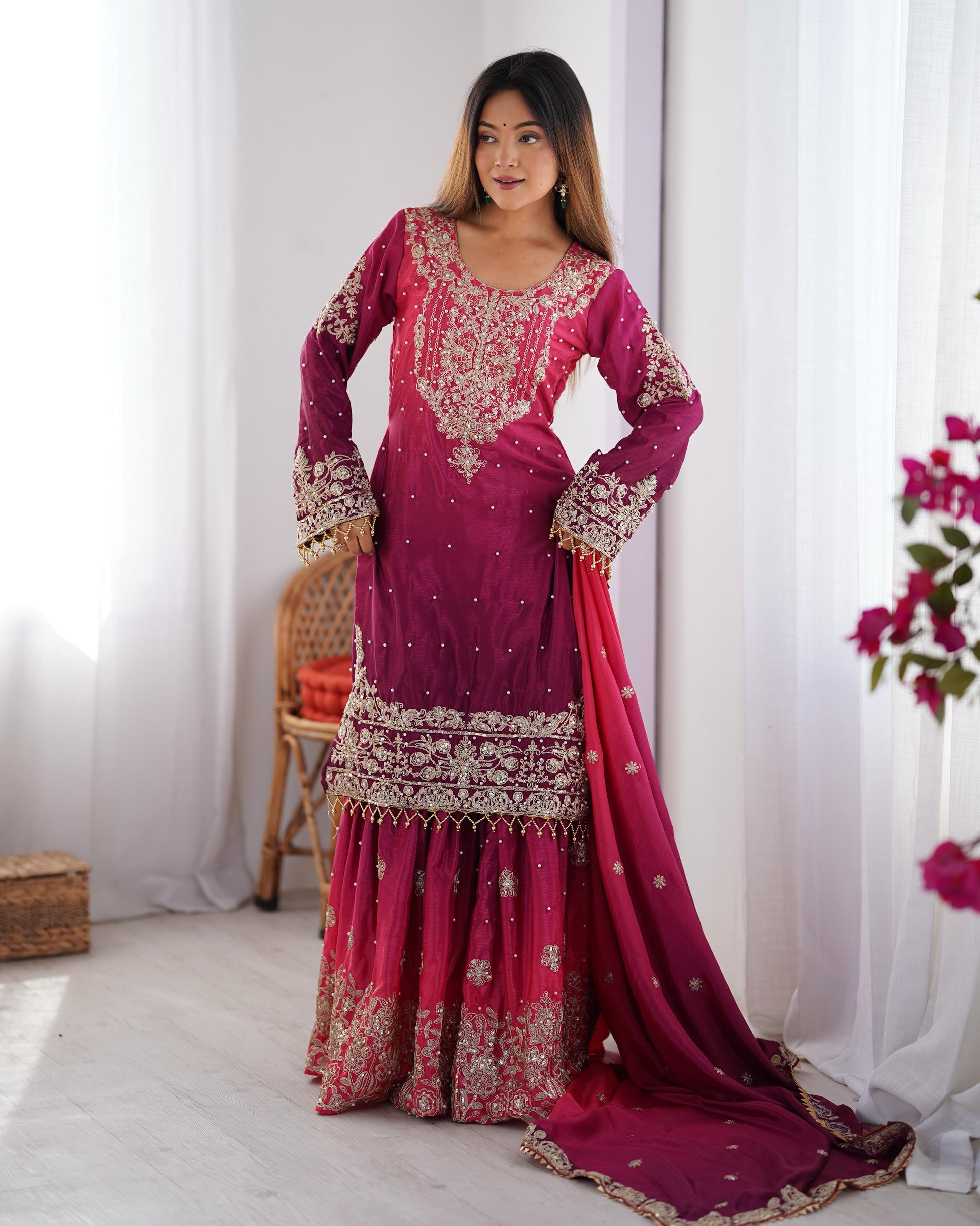 Good Looking Chinon Silk Rivet Moti Pink Color Sharara Suit