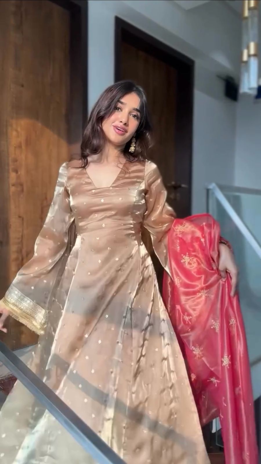 Delightful Embroidery Work Beige Color Salwar Suit With Red Dupatta