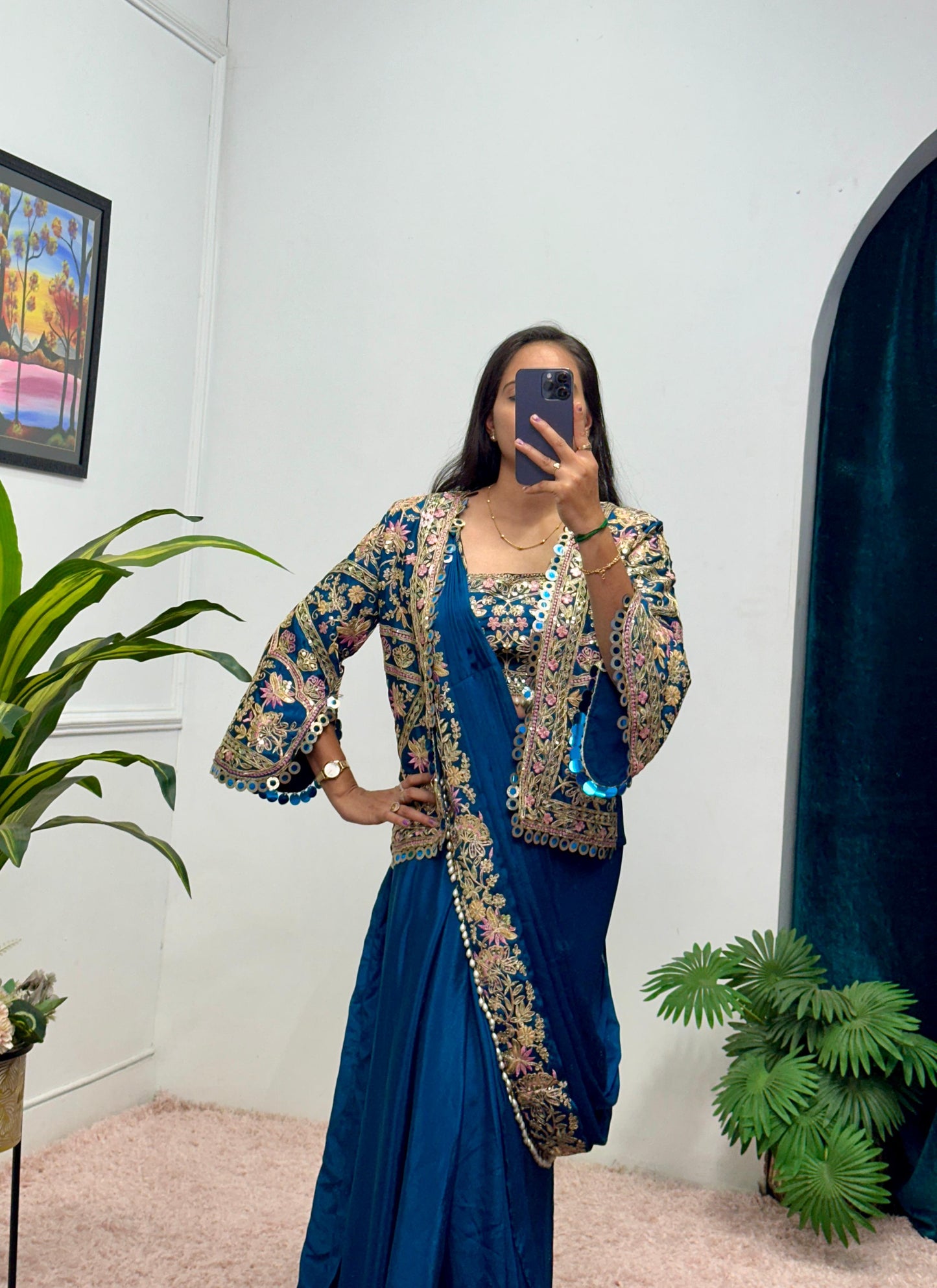 Presenting Embroidery Work Navy Blue Color Ready To Wear Saree