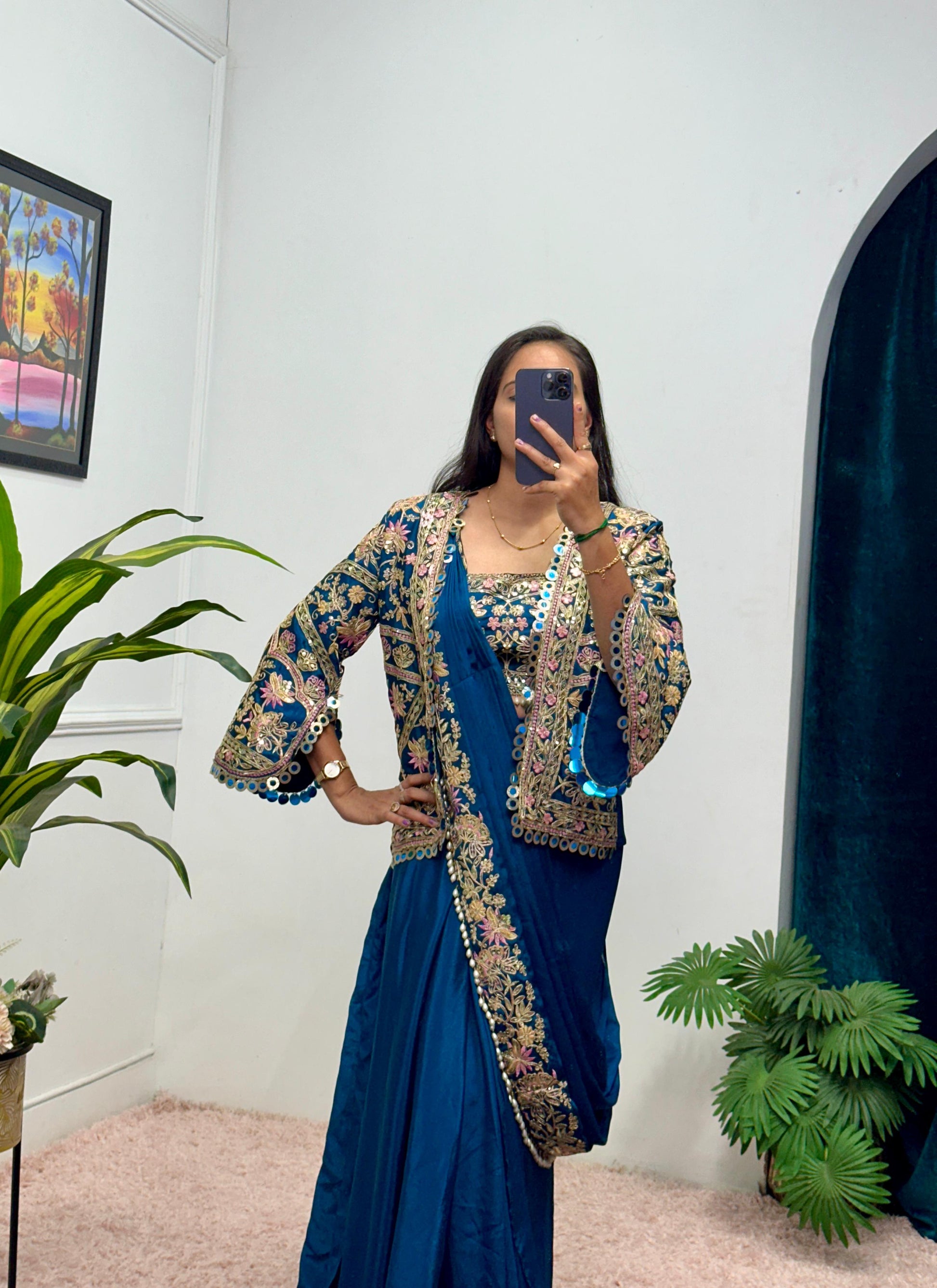 Presenting Embroidery Work Navy Blue Color Ready To Wear Saree