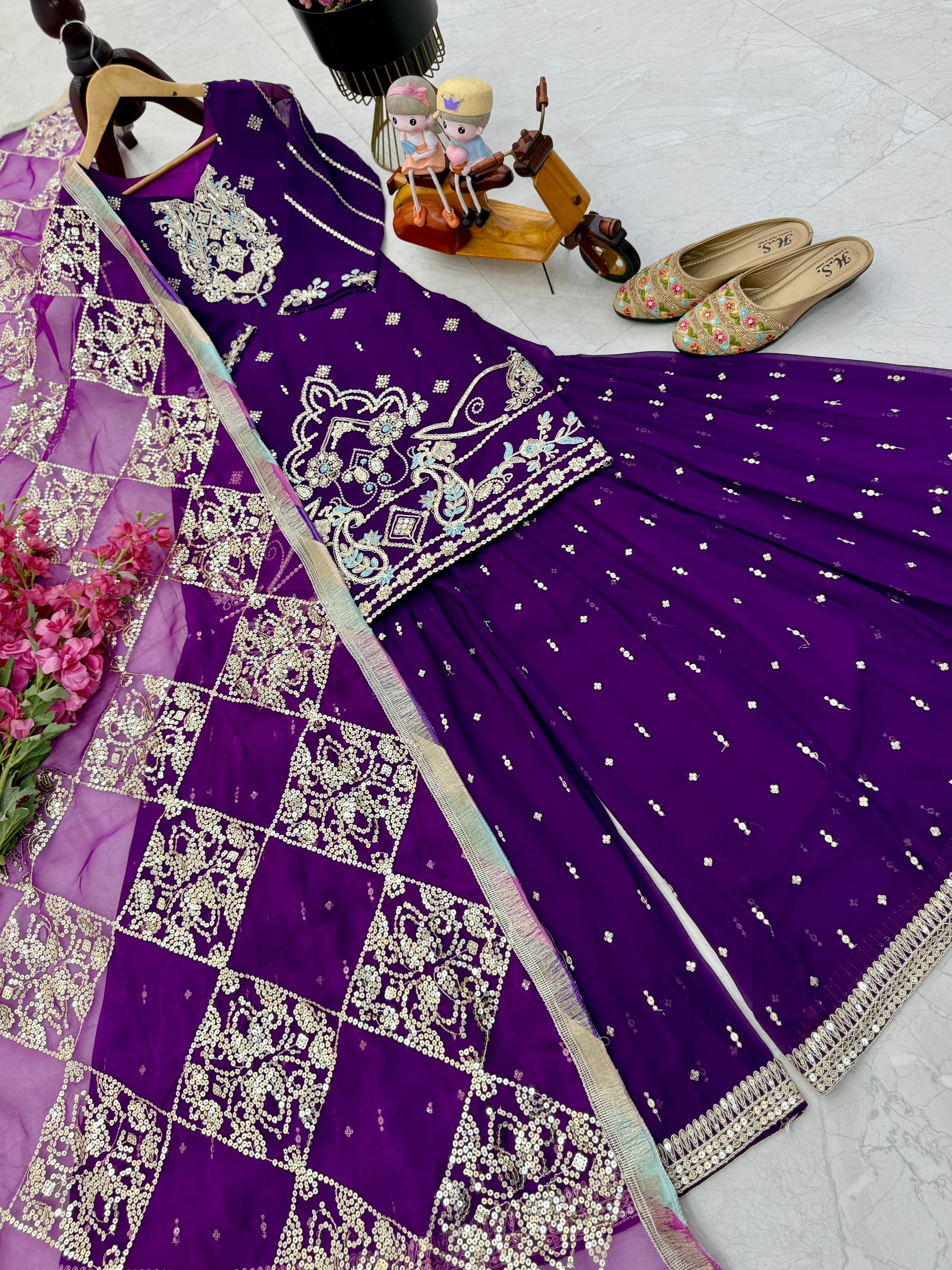 Captivating Embroidery Work Purple Color Palazzo Suit