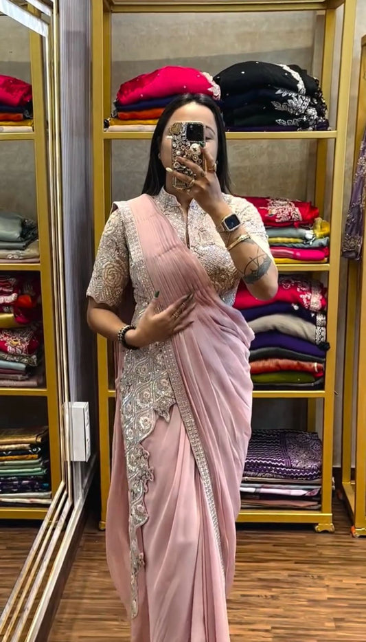 Classy Chinon Embroidery Work Peach Color Ready To Wear Saree