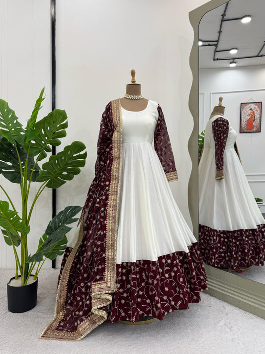 Peaceful Chinon Sequence Work White Color Gown