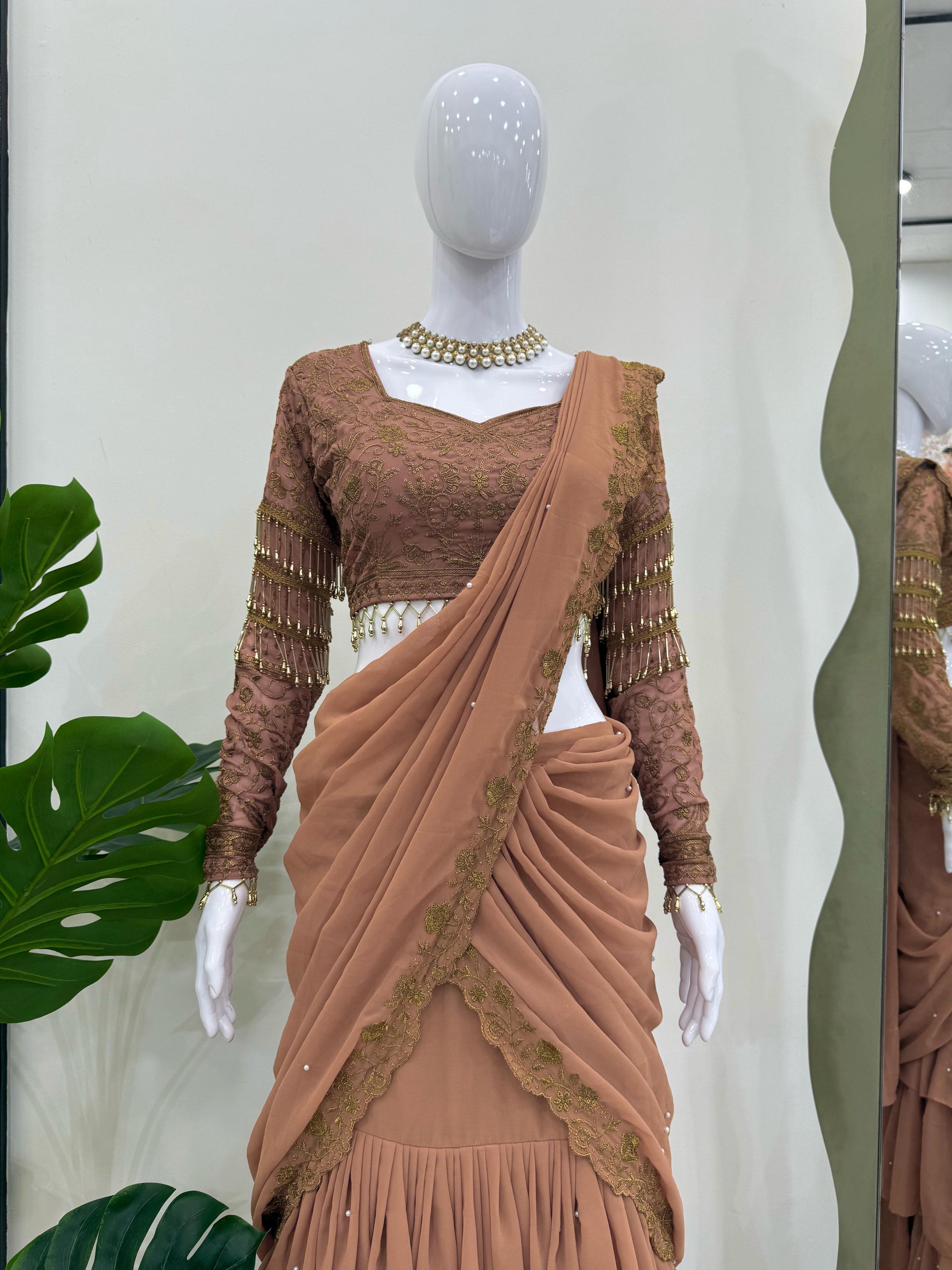 Function Wear Chiku Color Heavy Lehenga Saree