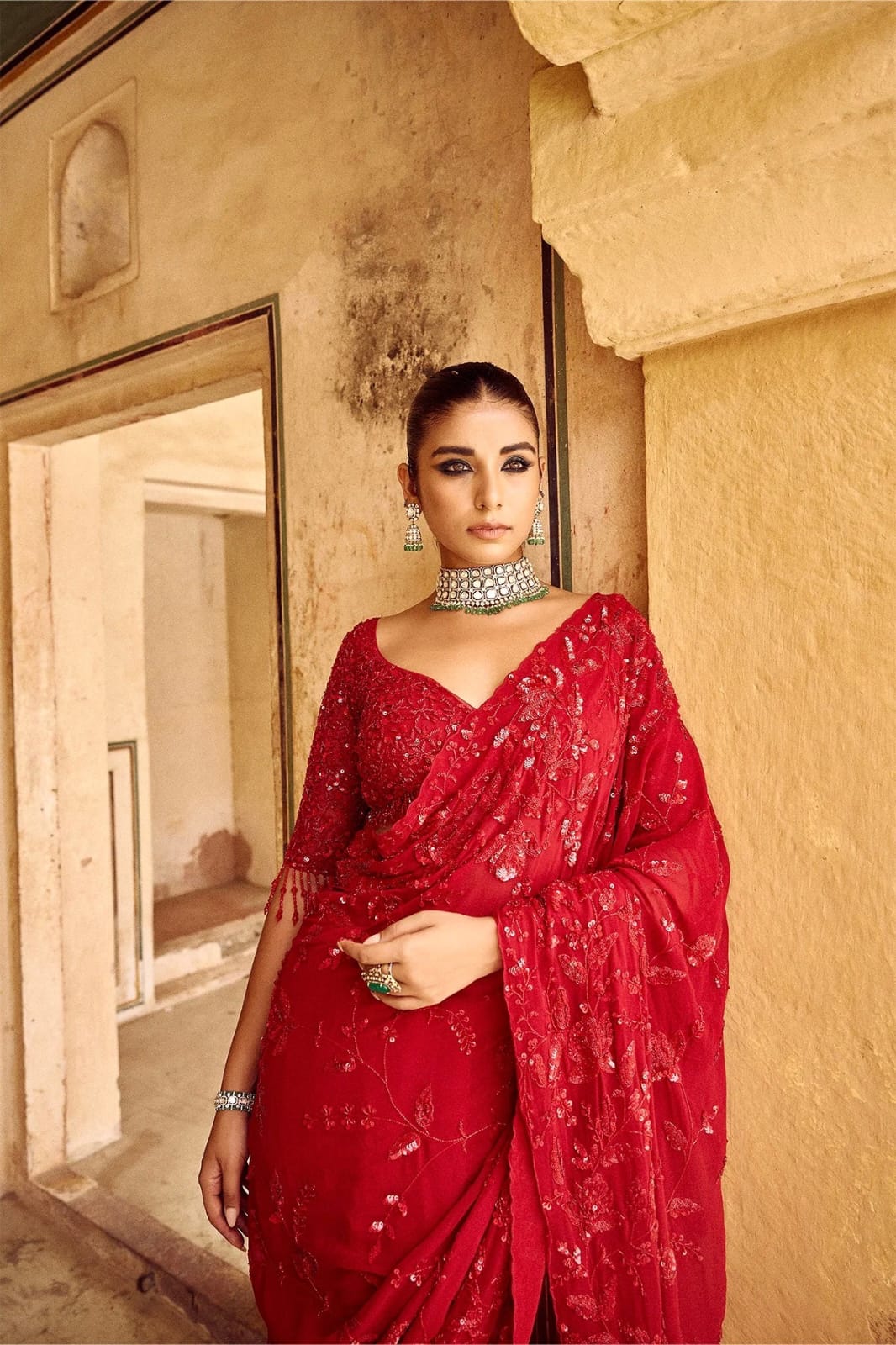 Daisy Georgette Red Color Embroidery Work Saree