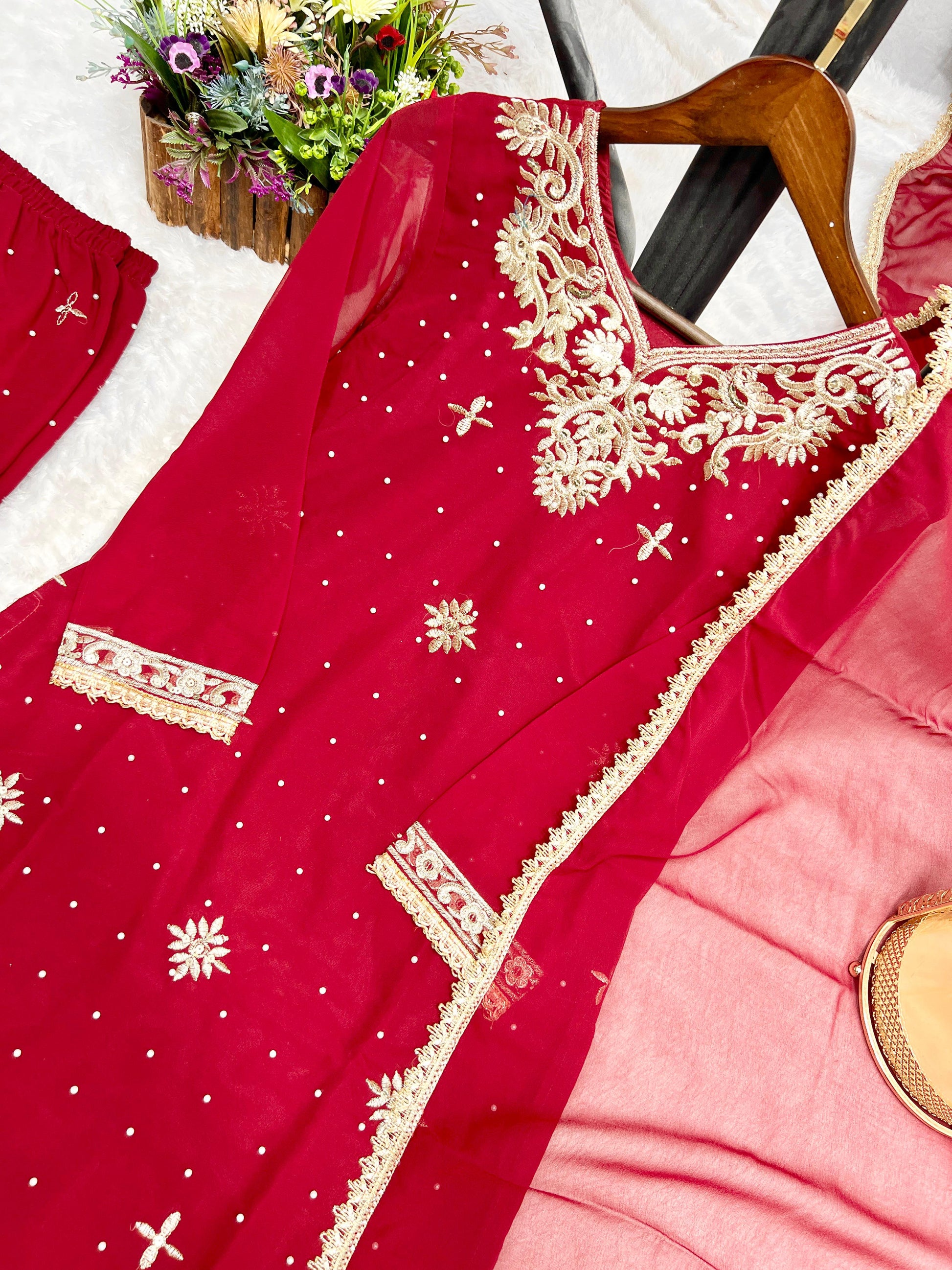 Attractive Embroidery Work Red Color Palazzo Suit