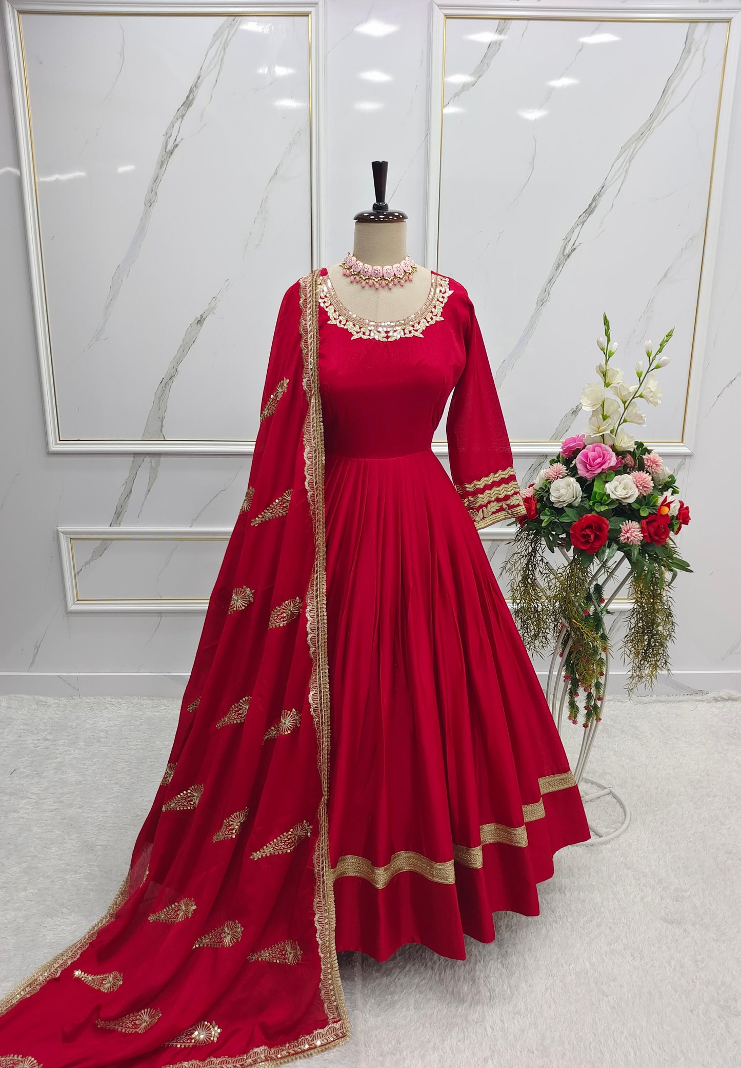 Fabulous Chinnon 5mm Sequence Work Red Color Gown