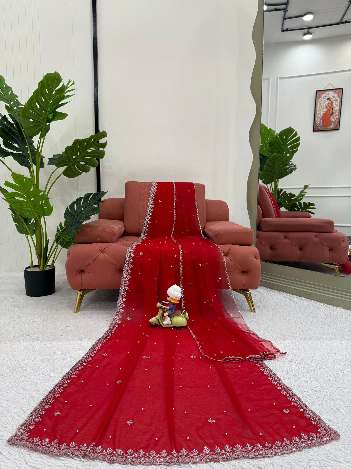 Pearl Work Red Color Attractive Net Saree