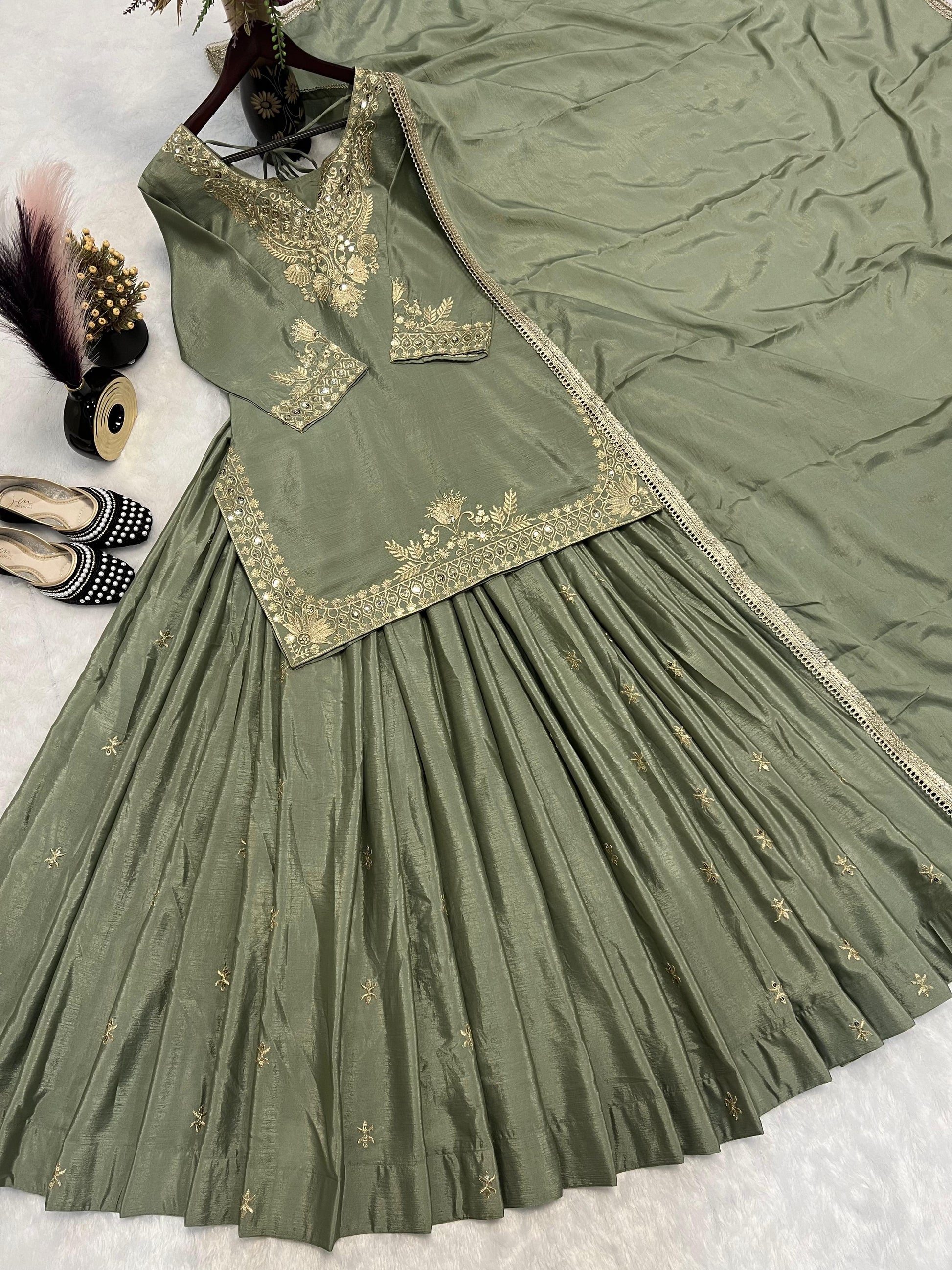 Good Looking Embroidery Work Mehndi Color Top With Lehenga Choli