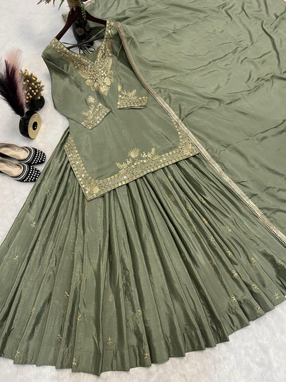 Good Looking Embroidery Work Mehndi Color Top With Lehenga Choli