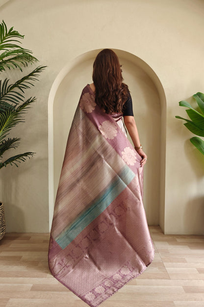 Onion Color Flower Print Silk Saree