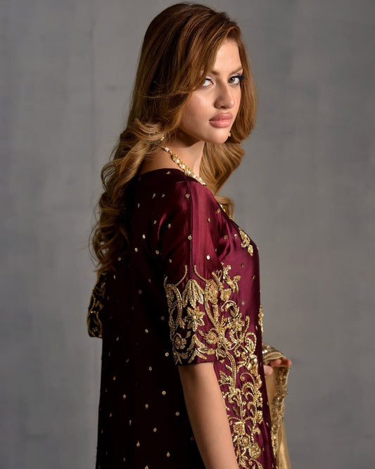 Glorious Maroon Satin Sequence Work Sharara Suit