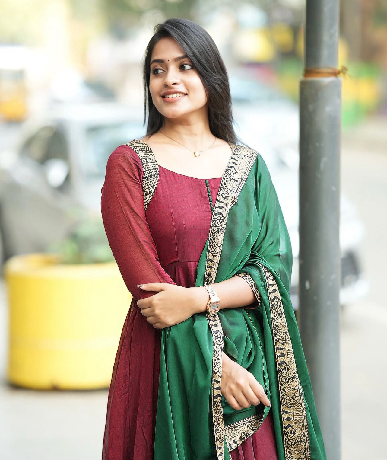 Luxuriant Vichitra Silk Maroon Color Anarkali Gown