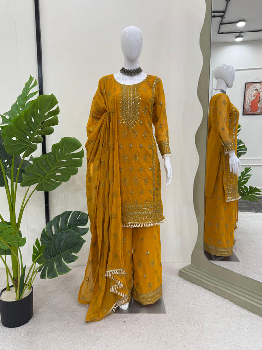 Look Designer Thread With Sequence Work Yellow Color Sharara Suit
