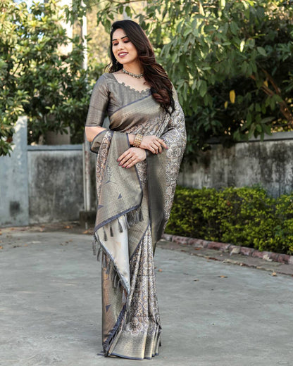 Rich Golden Weaving Print Dark Grey Color Banarasi Saree