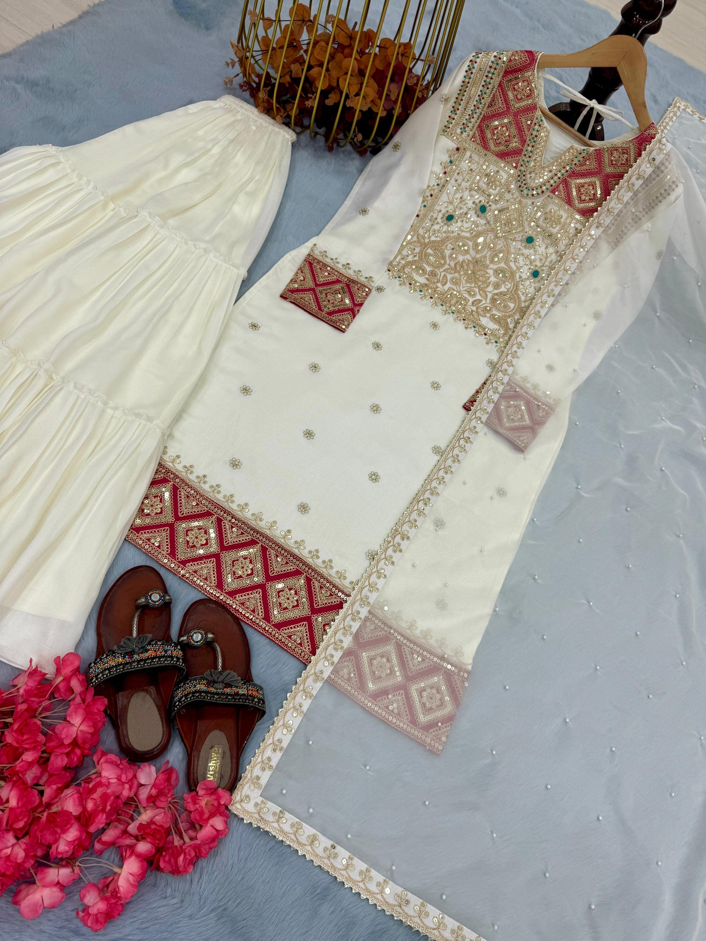 Opulent Vichitra 5mm Sequence Work White Color Sharara Suit