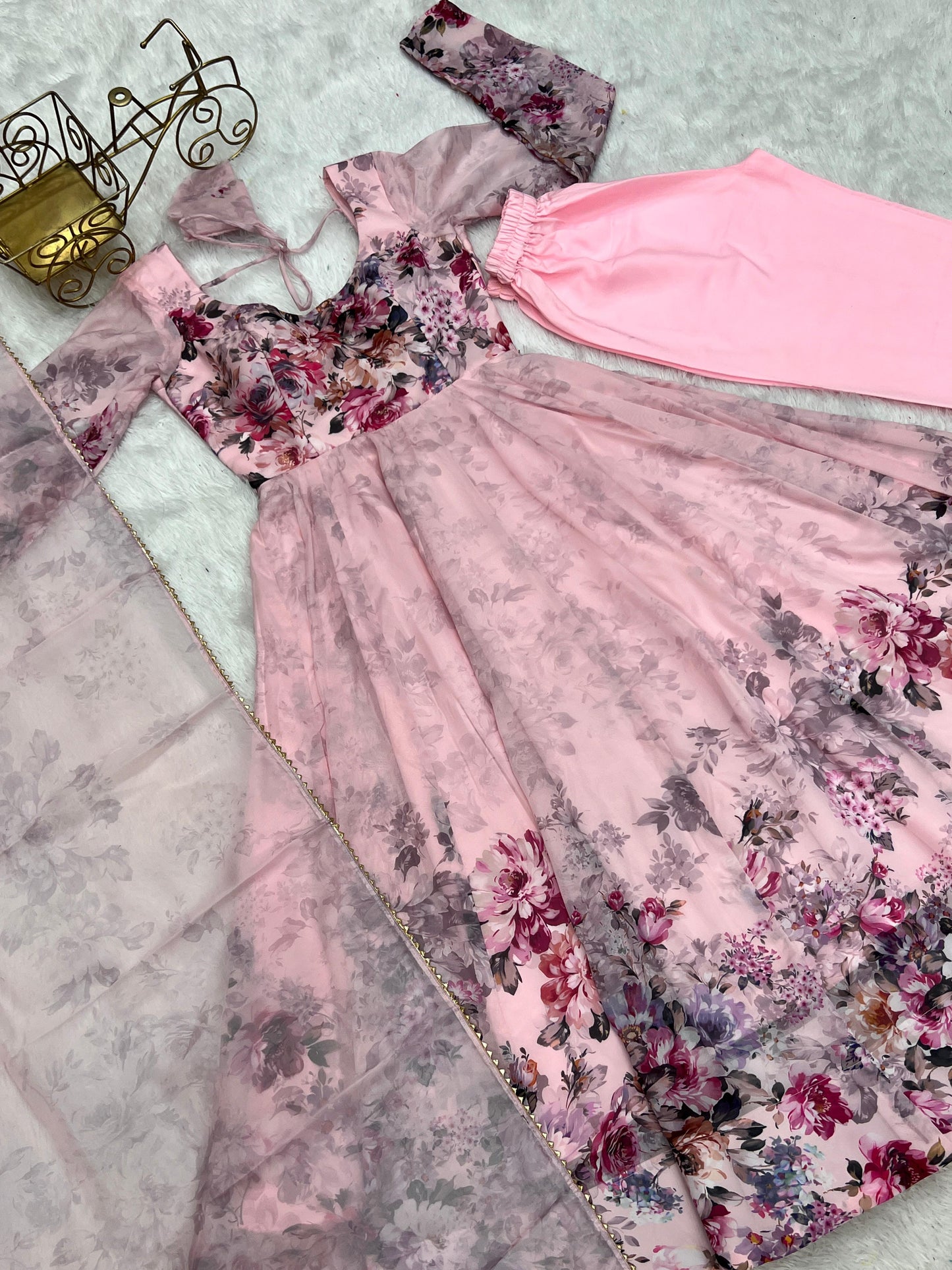 Casual Wear Multi Flower Print Light Pink Color Anarkali Suit