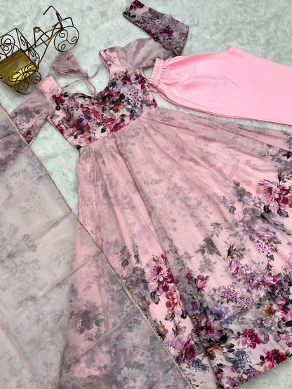 Casual Wear Multi Flower Print Light Pink Color Anarkali Suit
