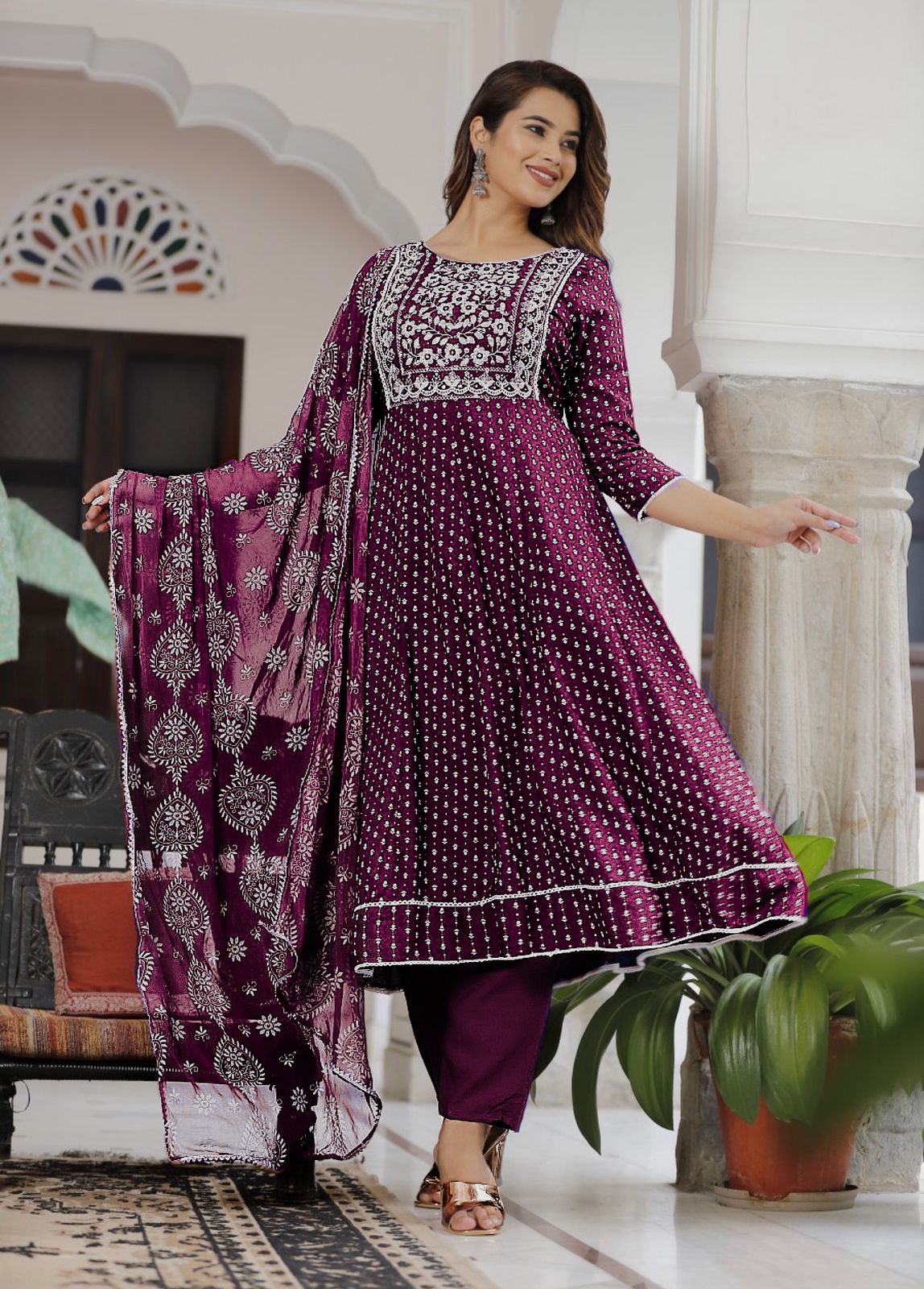 Charming Reyon With Foil Print Wine Color Anarkali Suit