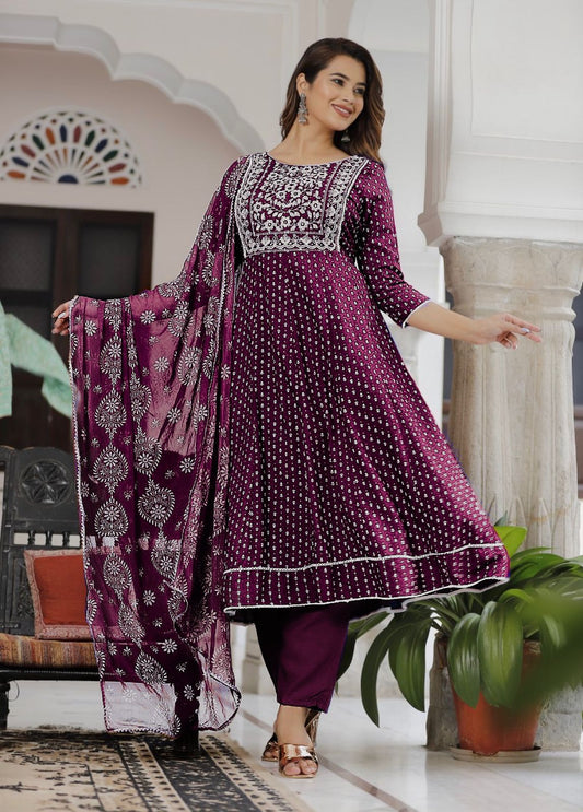 Charming Reyon With Foil Print Wine Color Anarkali Suit