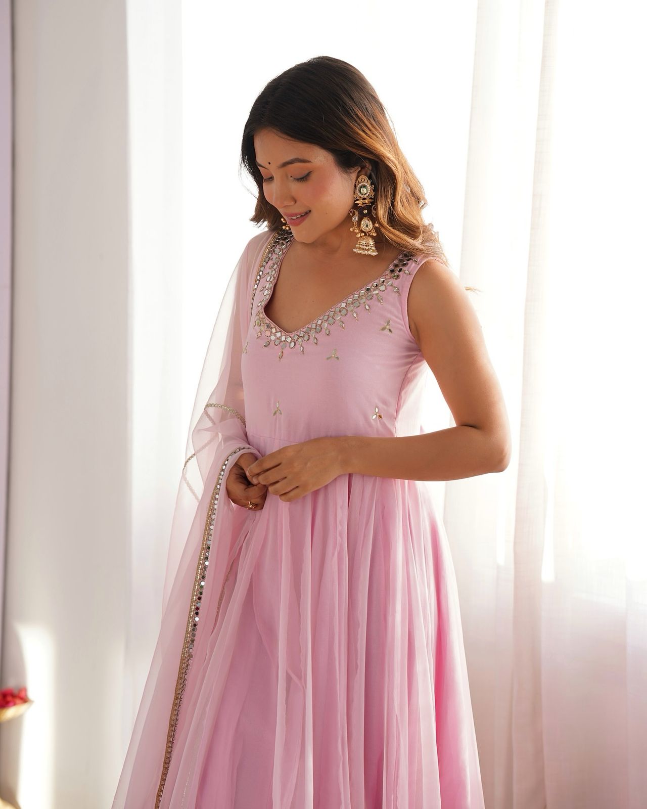 Wonderful Pink Color Hotfix Work Anarkali Gown