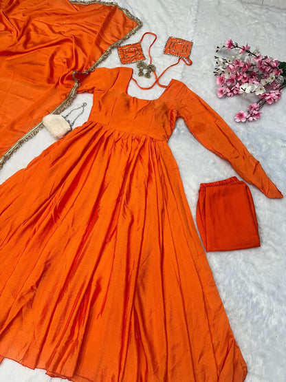 Peaceful Orange Color Chinnon Silk Anarkali Gown